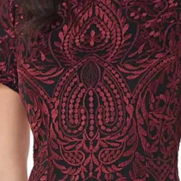 JS Collections Garnet Red And Black Floral Embroidered Cocktail Dress - Picture 2 of 2